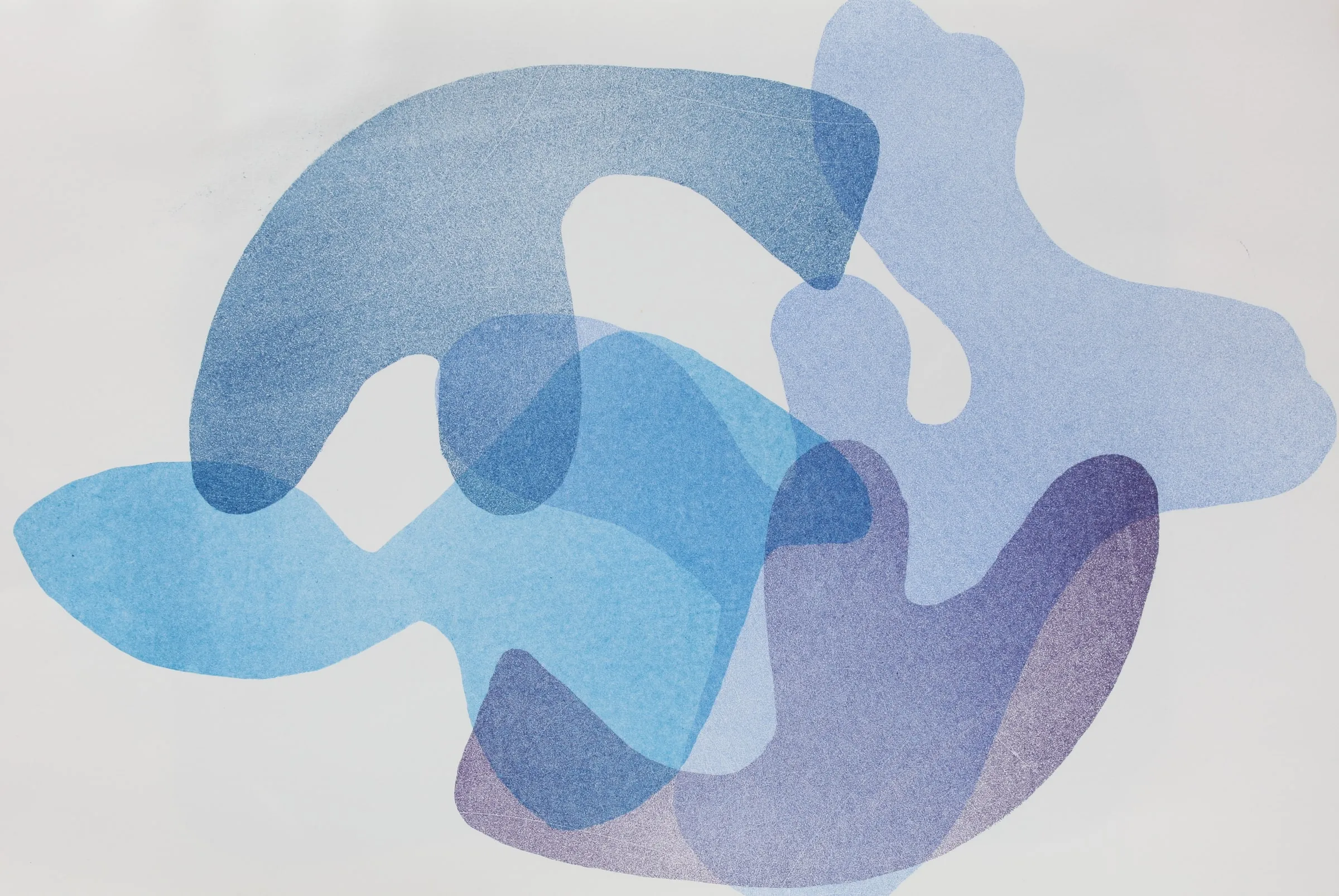 Lithografie mit biomorphen Formen in Blau- und Violetttönen