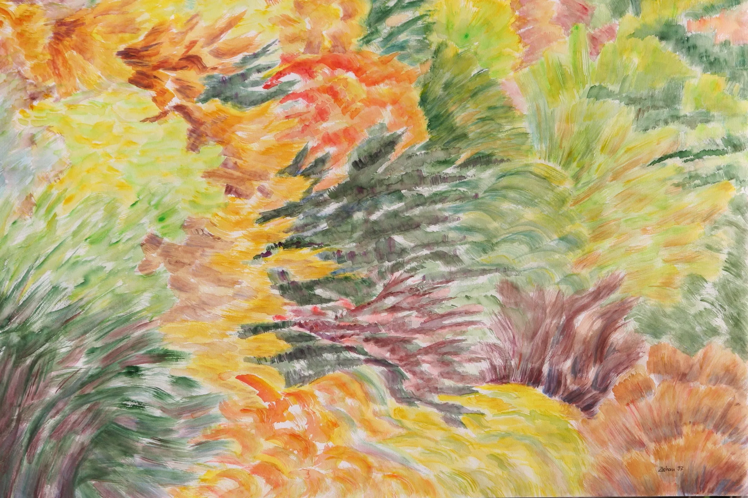 Aquarell von herbstlich gefärbten Büschen in Gelb, Grün und Rot
