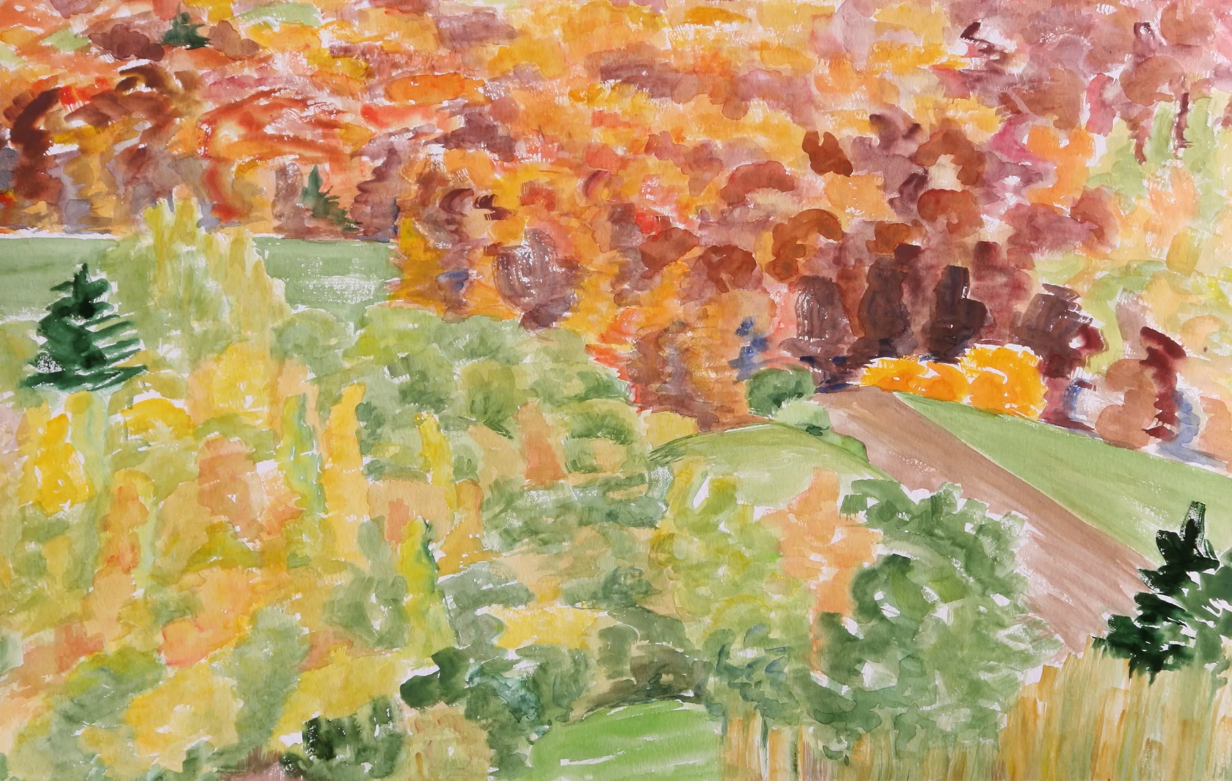 Aquarell einer herbstlichen Landschaft mit bunt verfärbten Bäumen