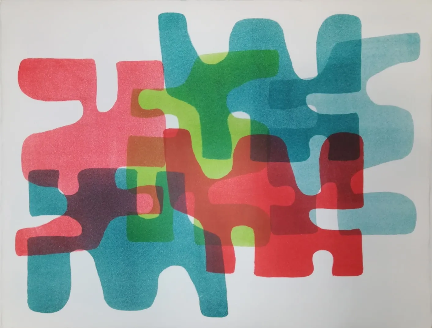 Farbige Lithografie aus ineinandergreifenden Puzzle-Formen in Rot, Türkis und Grün