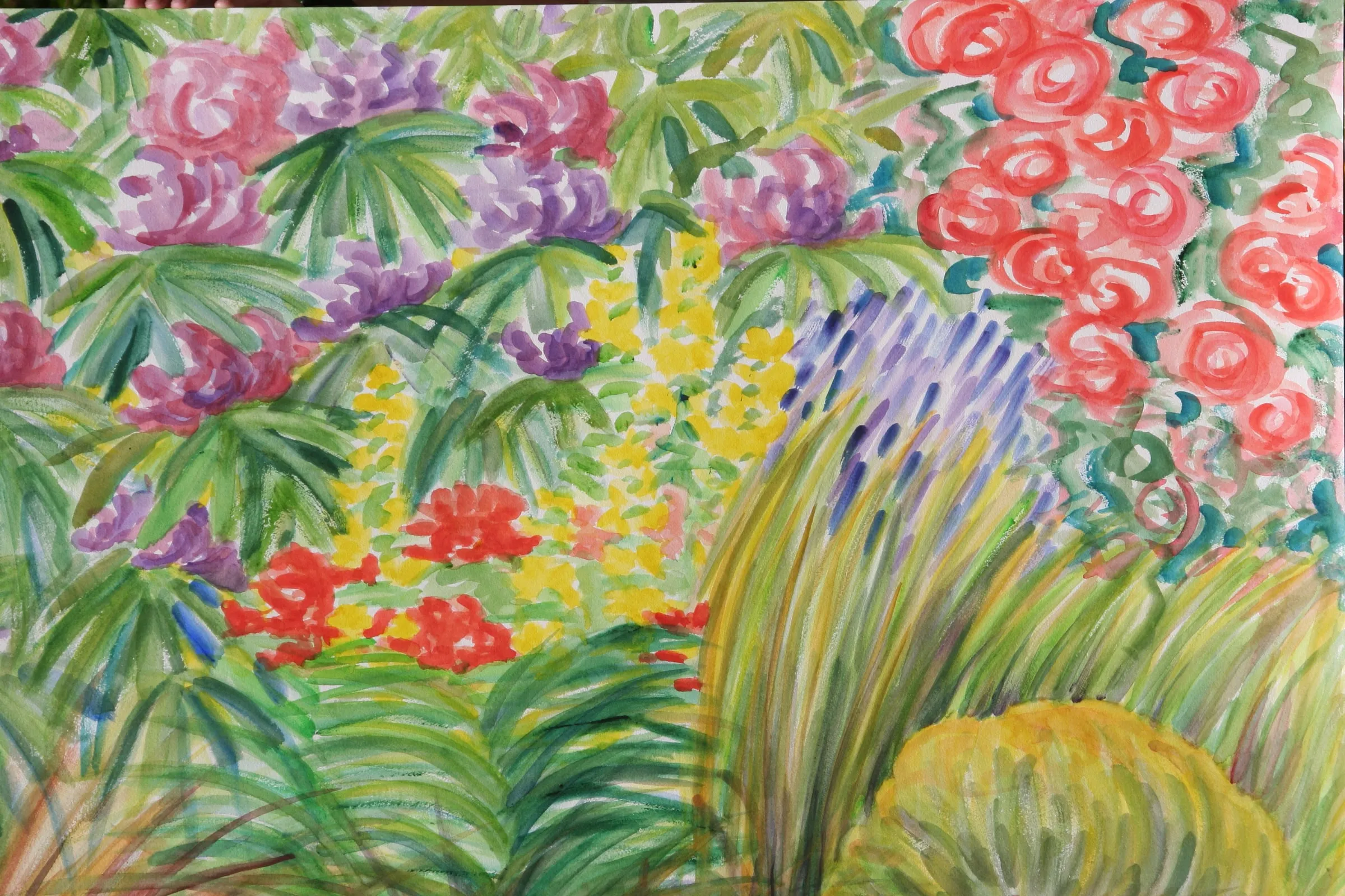 Aquarell eines bunten Sommergartens mit Rosen und Blüten